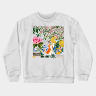 Ginger kitten and chinoiserie still life gouache Crewneck Sweatshirt